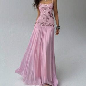 Pink Sequin Floral Maxi Dress